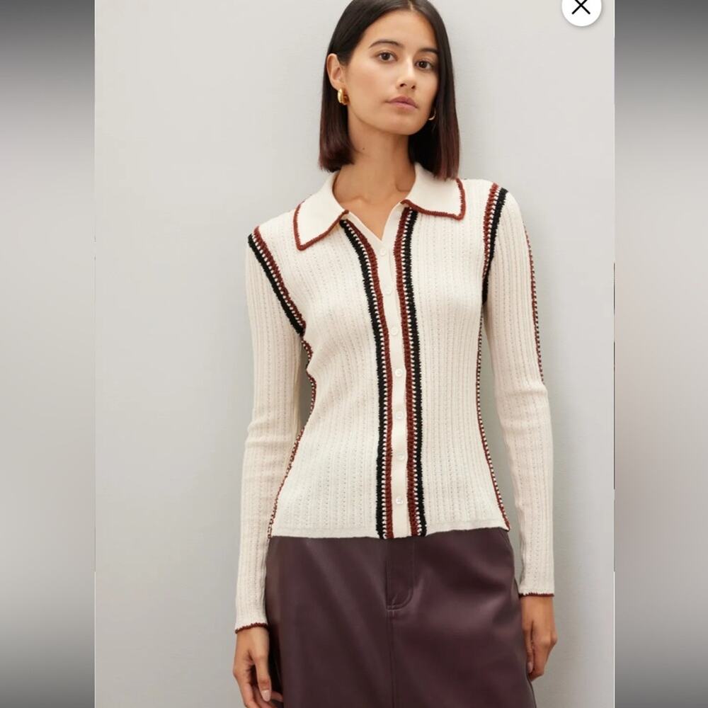 RTR Sea New York Riva Ribbed Embroidered Wool Collared Button Front Top Sz 8
